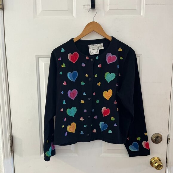Michael Simon Sweaters - Michael Simon Lite Woman's Black Heart Love Me Cardigan Sz XL